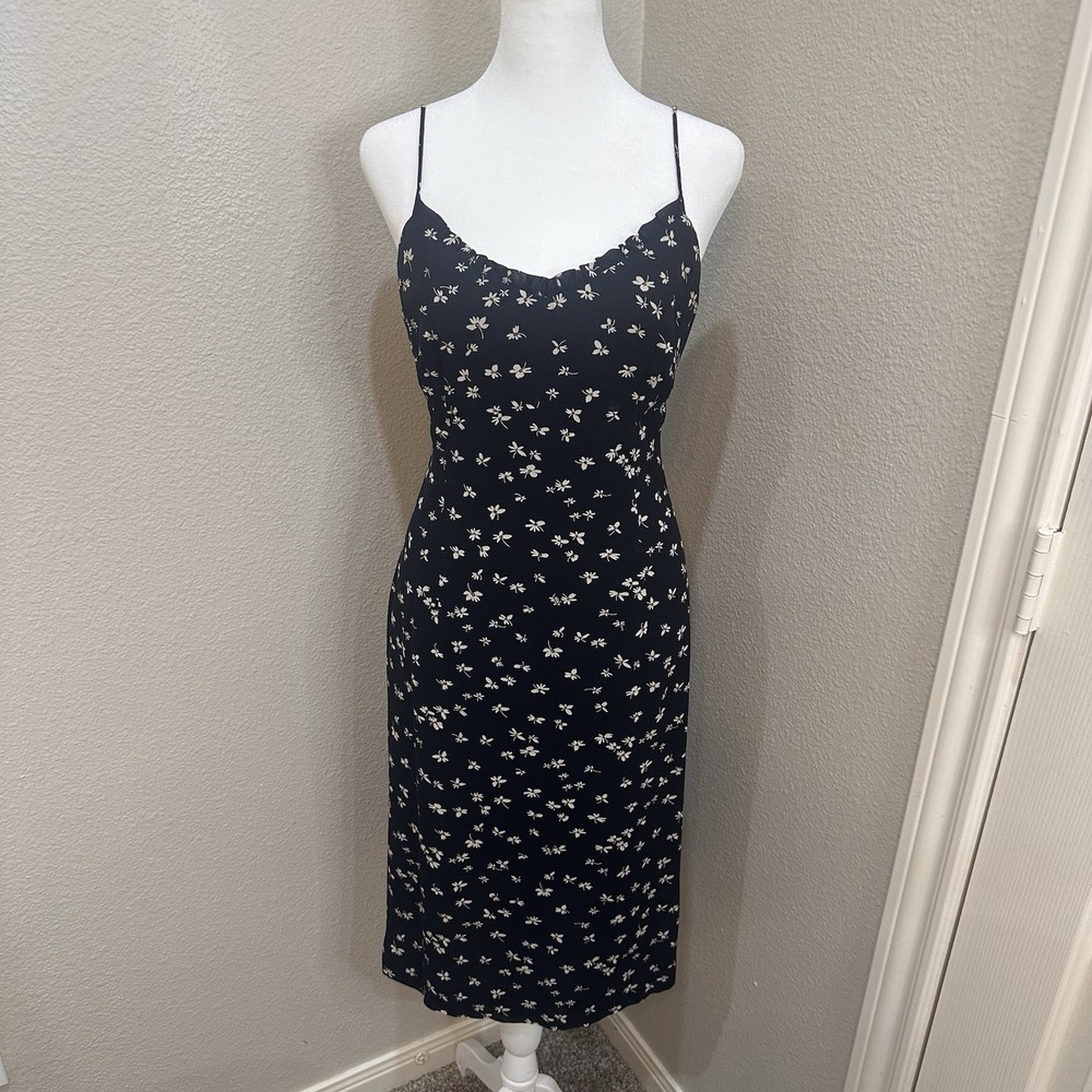 Y2K Ann Taylor Babydoll Black Floral Sun Dress 8 Spaghetti Strap Ruffle Grunge